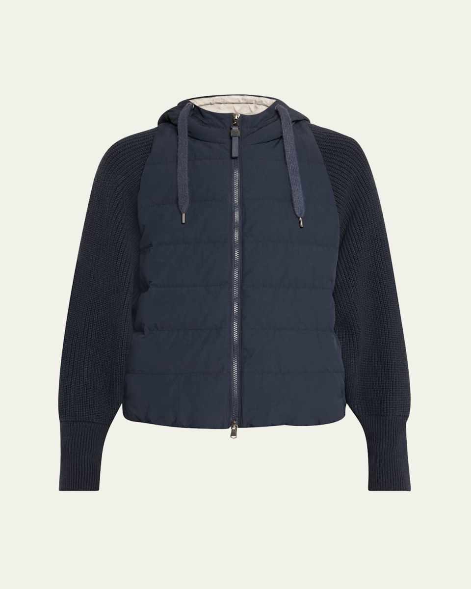 Techno Crinkled Cotton Down Jacket W Ribbed Sleeves